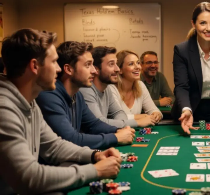 Instruktor pokerowy tłumaczący zasady gry uczestnikom